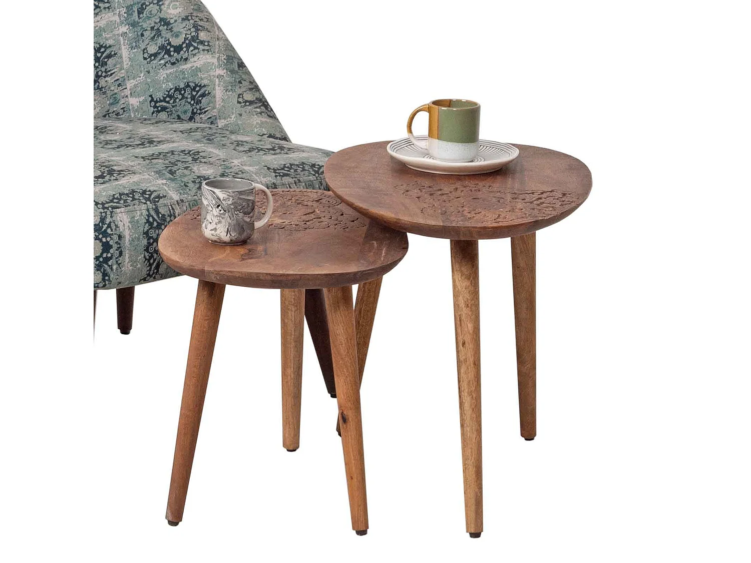 Set 2 tables d'appoint plateau sculpté bois massif | Acacia Adir