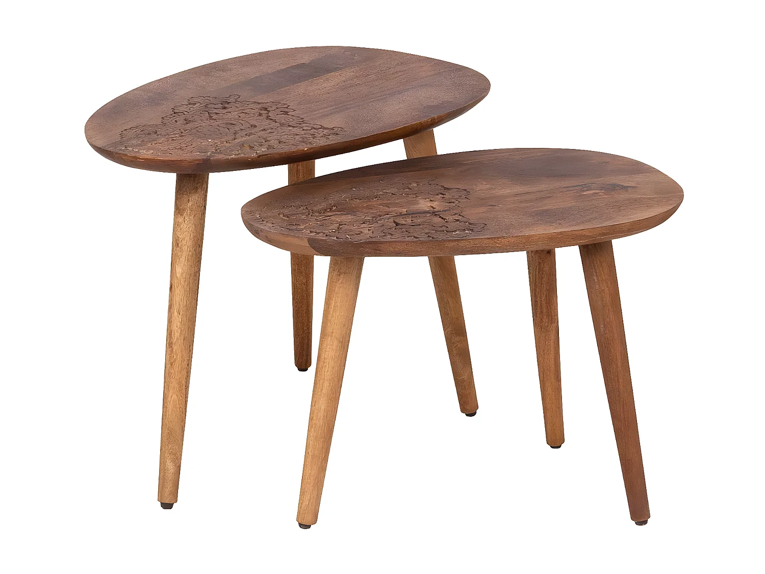 Set 2 tables d'appoint plateau sculpté bois massif | Acacia Adir
