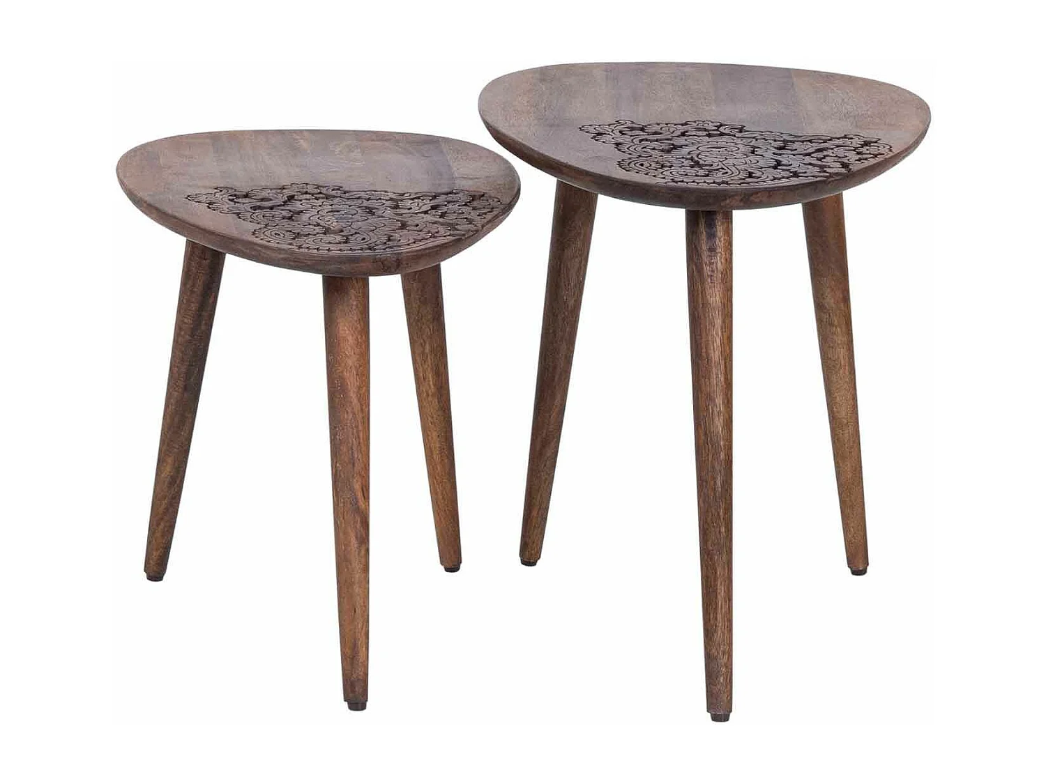 Set 2 tables d'appoint plateau sculpté bois massif | Acacia Adir