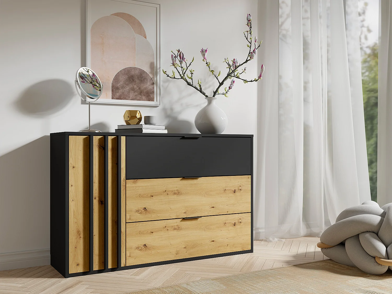 Commode 3 tiroirs et 1 porte - Noir et Naturel - TUNALO