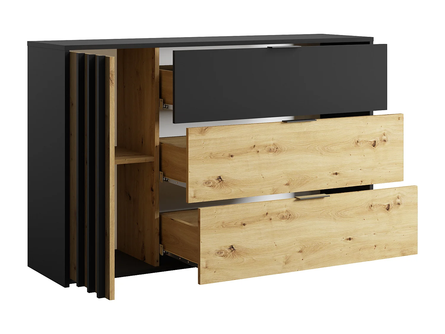 Commode 3 tiroirs et 1 porte - Noir et Naturel - TUNALO