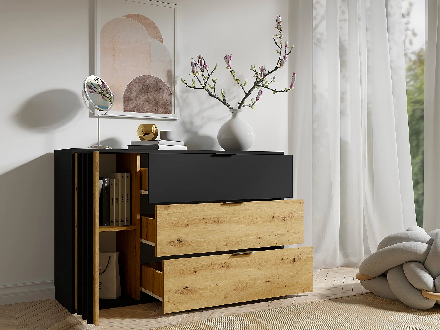 Cómoda com 3 gavetas e 1 porta preto e natural - TUNALO