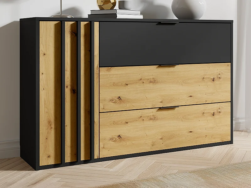 Commode 3 tiroirs et 1 porte - Noir et Naturel - TUNALO