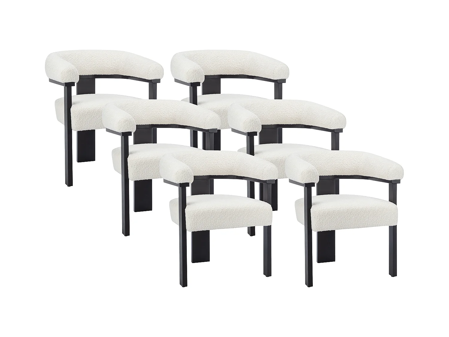 Lot de 6 chaises avec accoudoirs en tissu bouclette et bois d'hévéa noir - Blanc - LIVELIA de Pascal MORABITO
