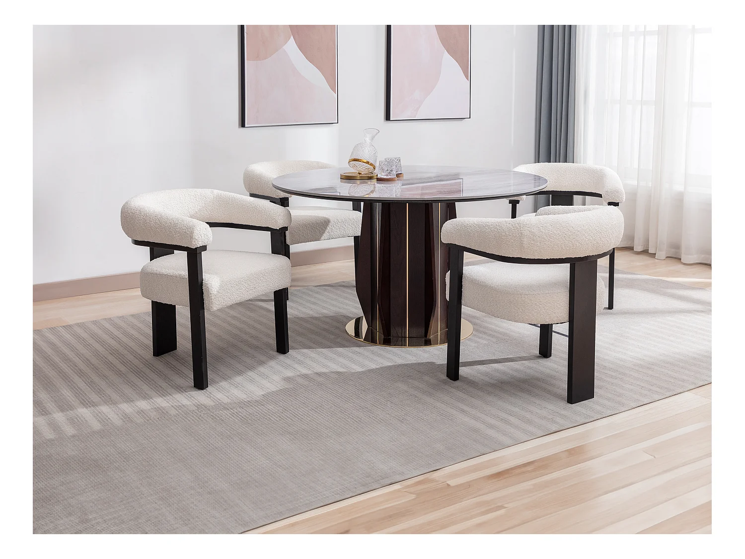 Lot de 6 chaises avec accoudoirs en tissu bouclette et bois d'hévéa noir - Blanc - LIVELIA de Pascal MORABITO