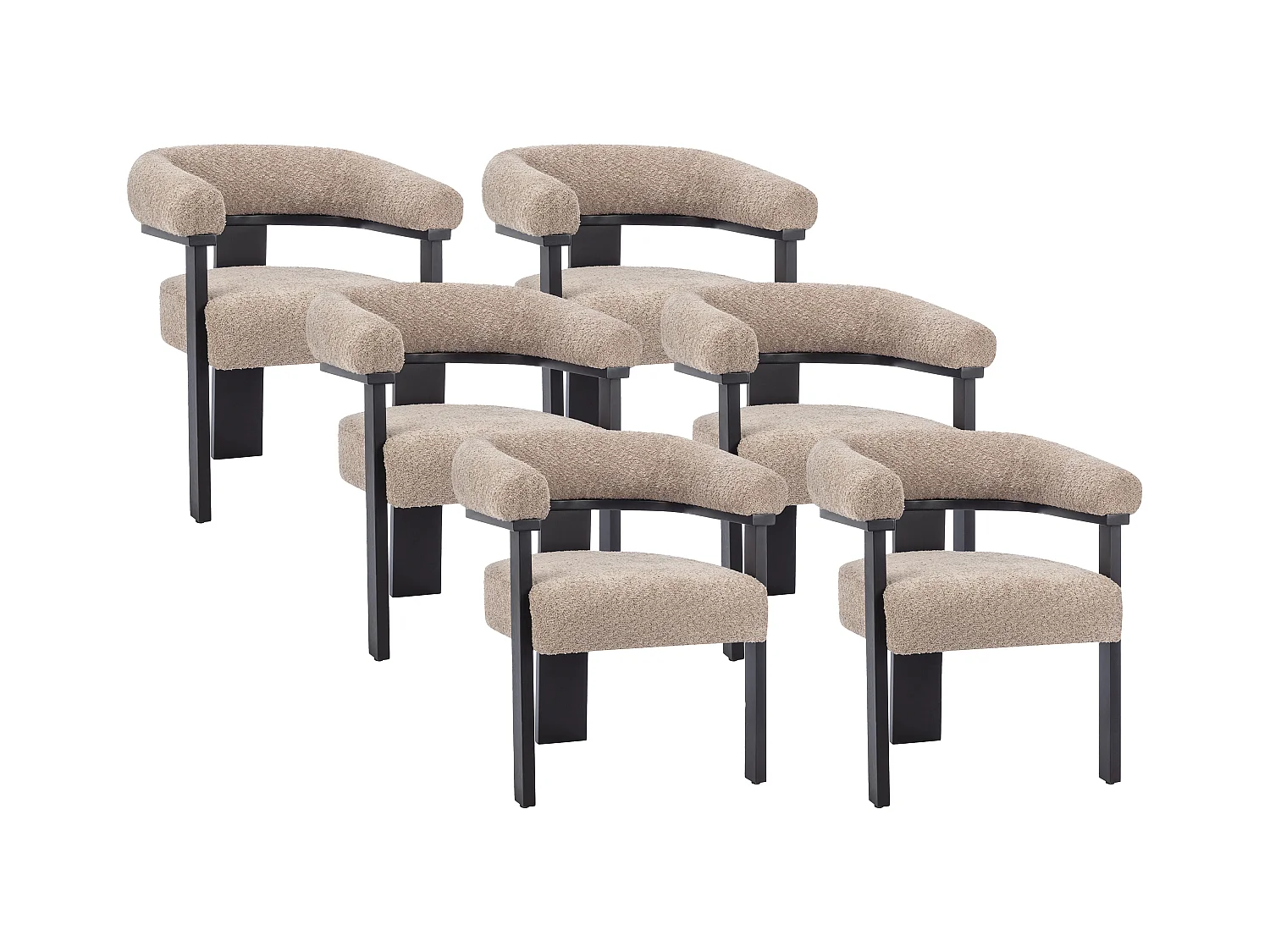 Lote de 6 sillas con reposabrazos en tejido bouclé y madera de hevea - Topo y negro - LIVELIA