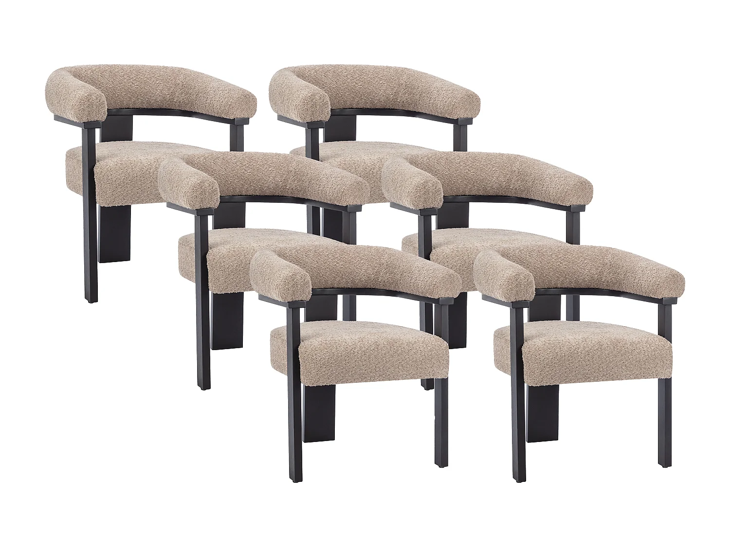 Lot de 6 chaises avec accoudoirs en tissu bouclette et bois d'hévéa noir - Taupe - LIVELIA de Pascal MORABITO