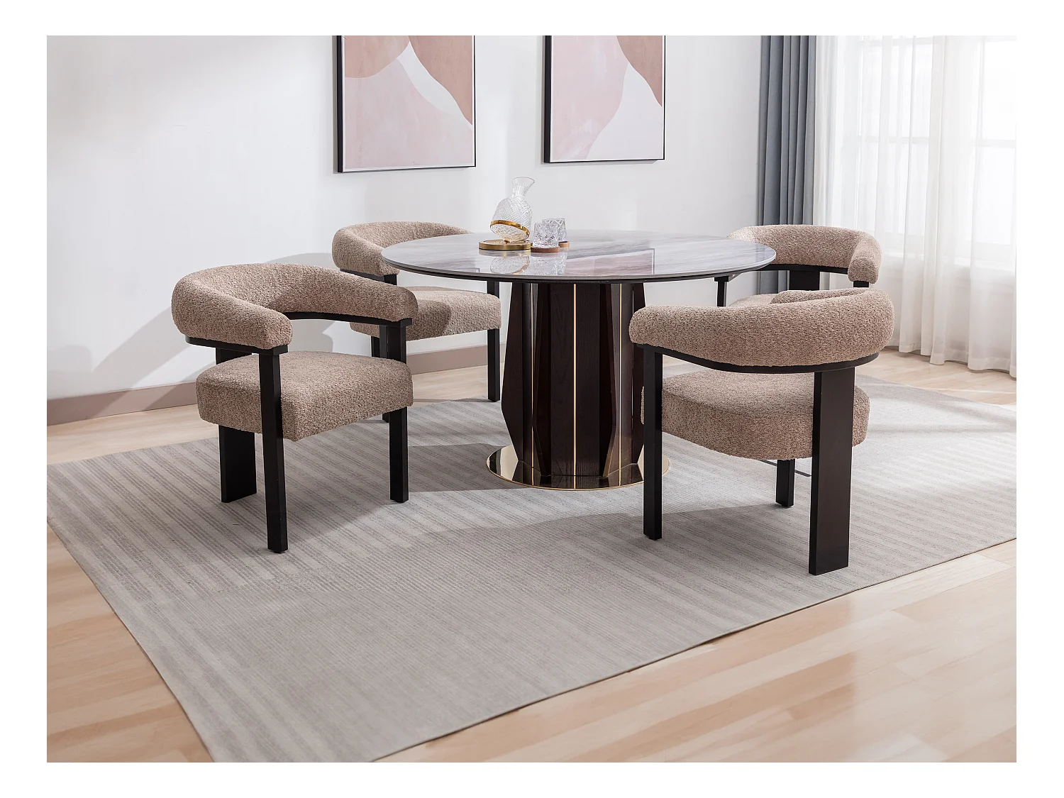 Lot de 2 chaises avec accoudoirs en tissu bouclette et bois d'hévéa noir - Taupe - LIVELIA de Pascal MORABITO