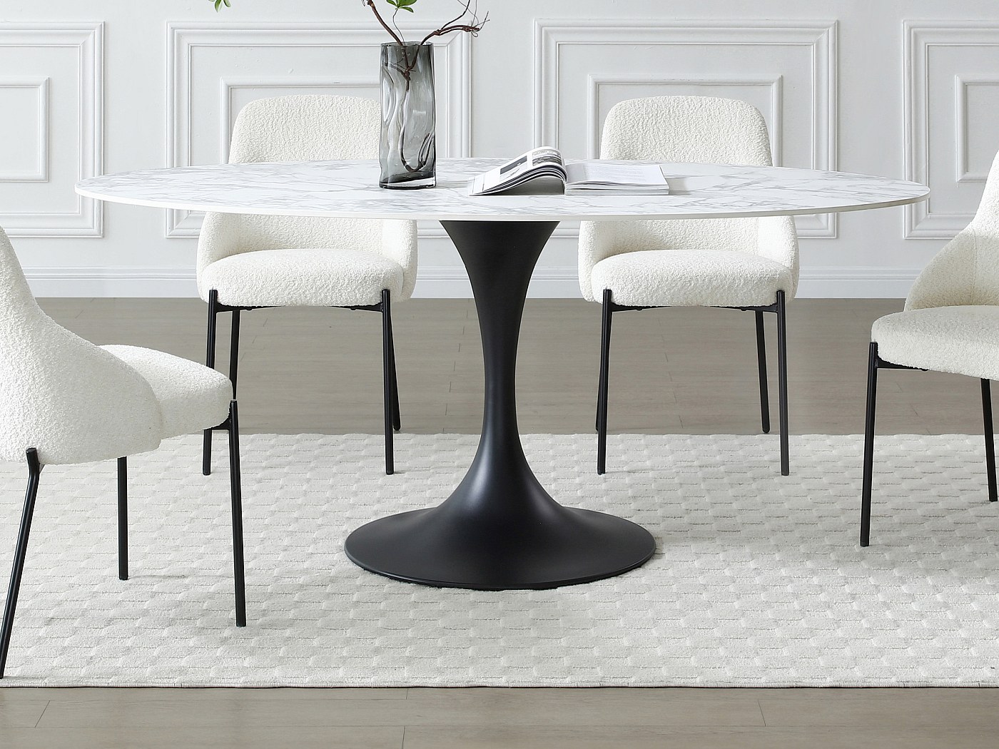 Table à manger 8 personnes en céramique et métal noir - Effet marbre