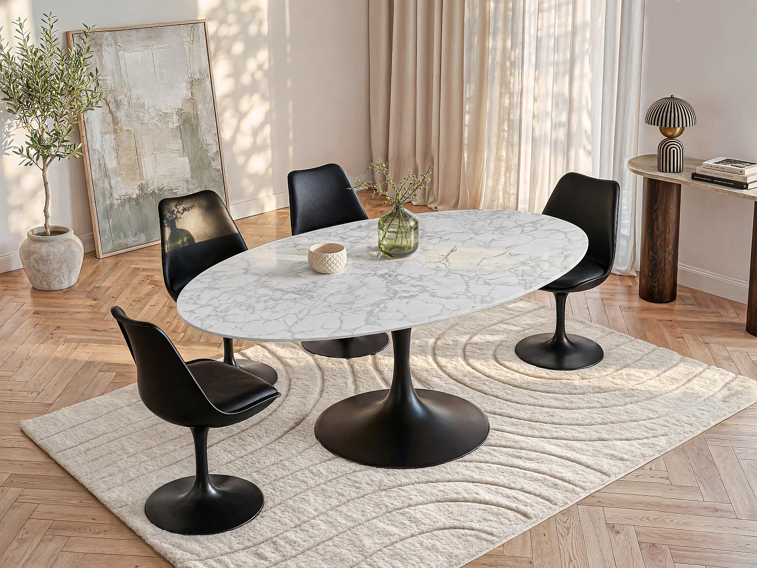 8-person ceramic and black metal dining table - White marble effect - ELVA by Maison Céphy
