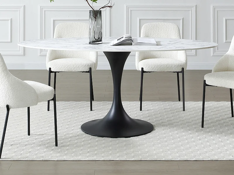 Table à manger 8 personnes en céramique et métal noir - Effet marbre blanc - ELVA de Maison Céphy