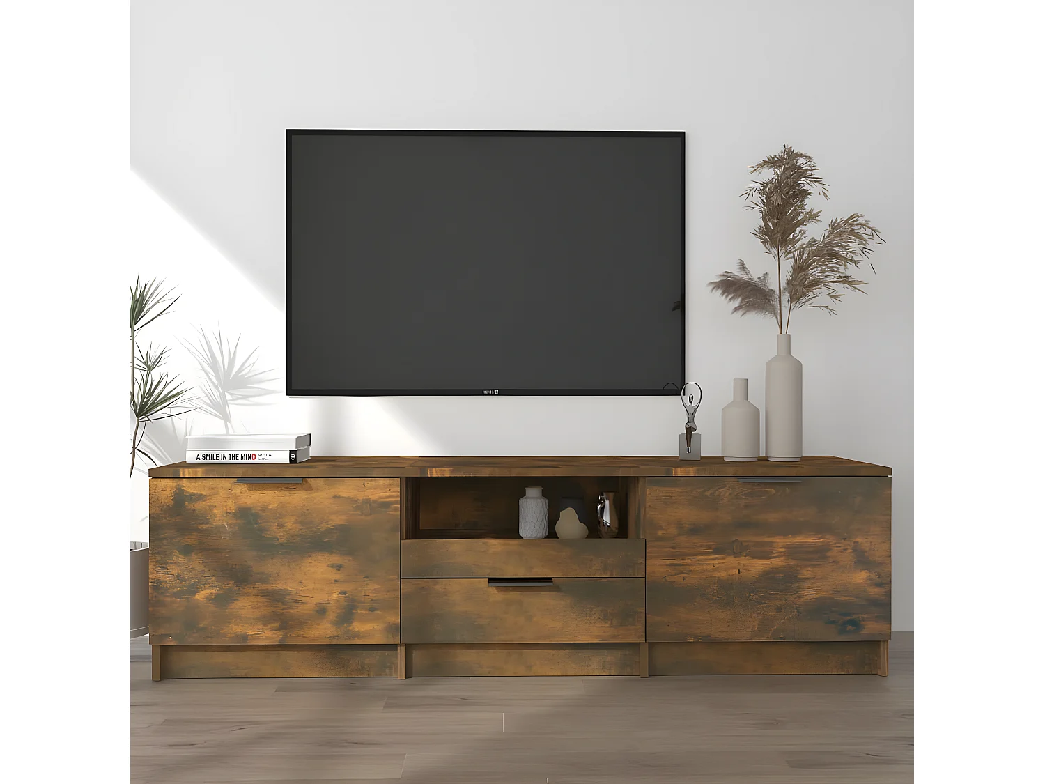 Meuble TV Chêne fumé 140x35x40 cm Bois d'ingénierie