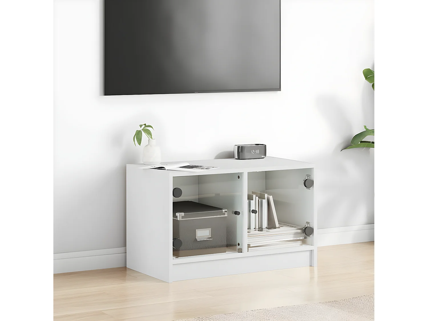 Meuble TV avec portes en verre blanc 68x37x42 cm