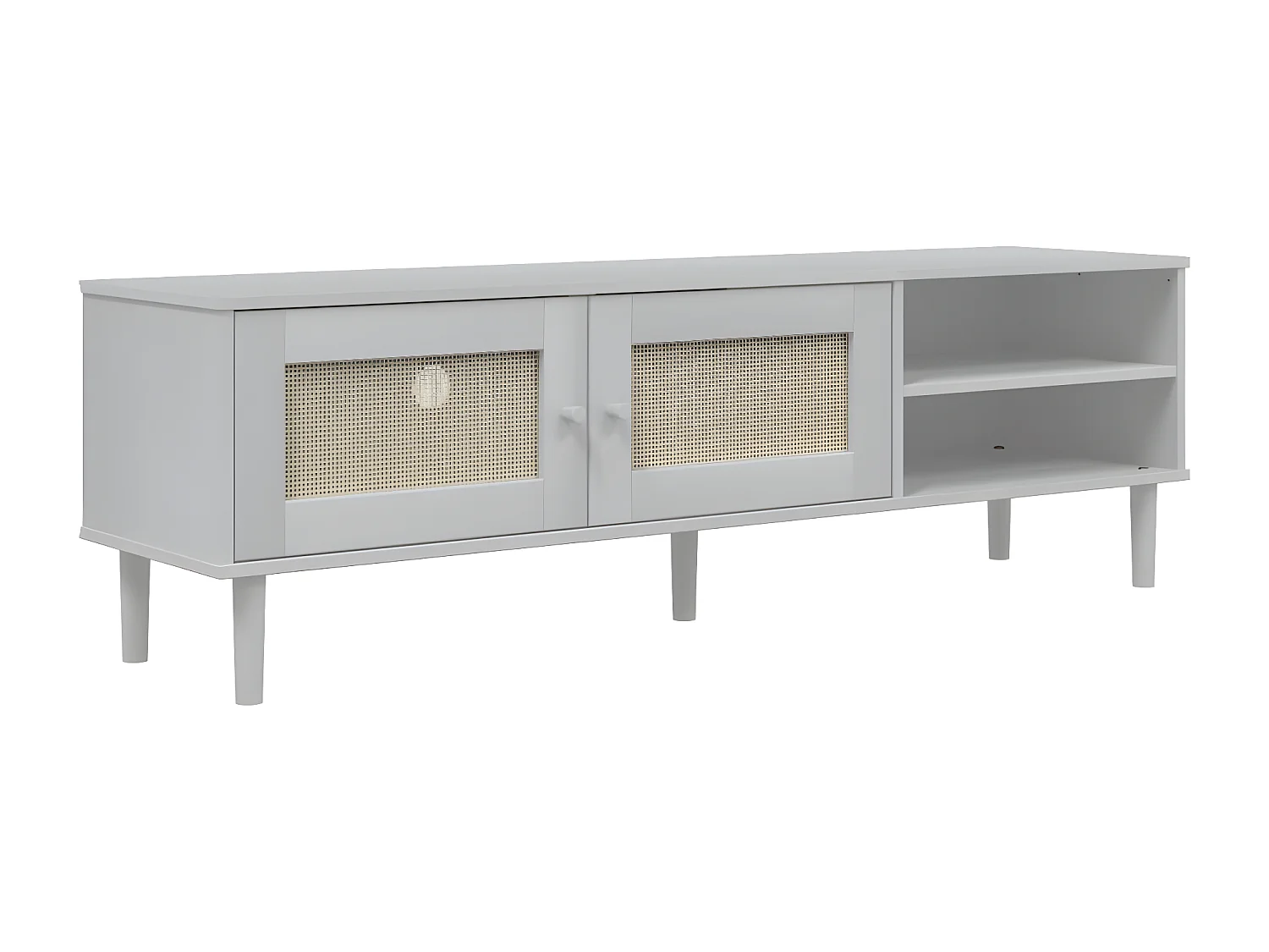 Meuble TV SENJA aspect rotin blanc 158x40x49cm bois massif pin