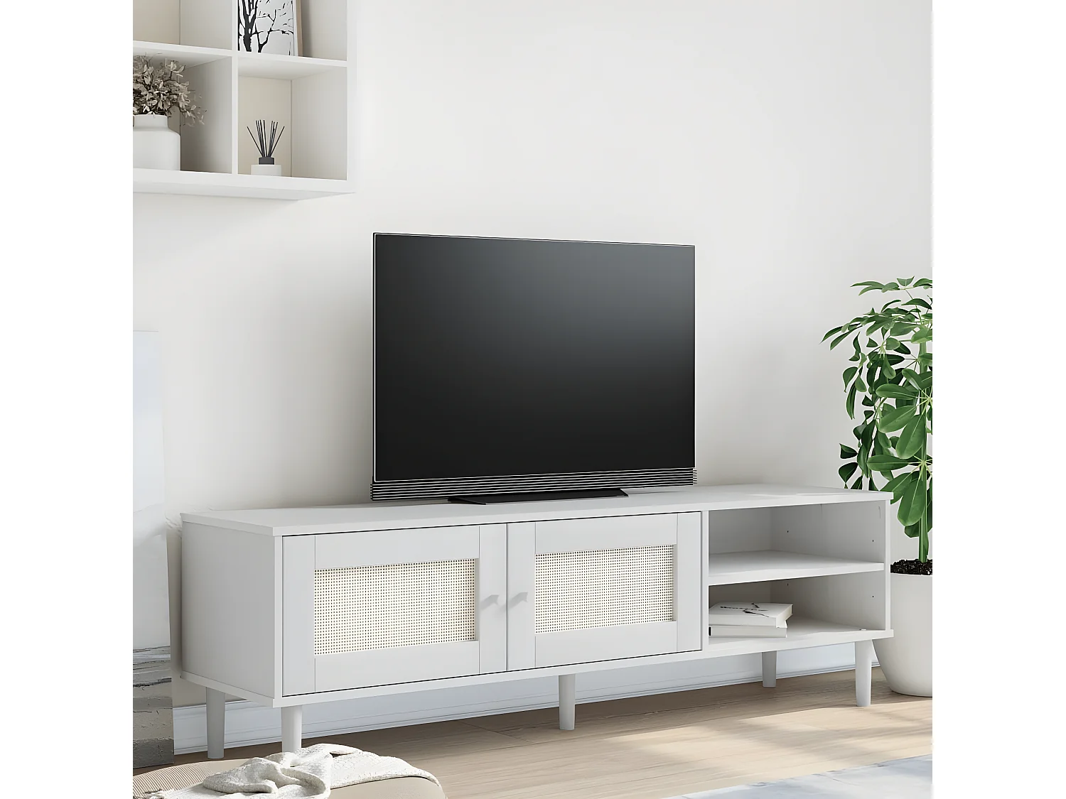 Meuble TV SENJA aspect rotin blanc 158x40x49cm bois massif pin