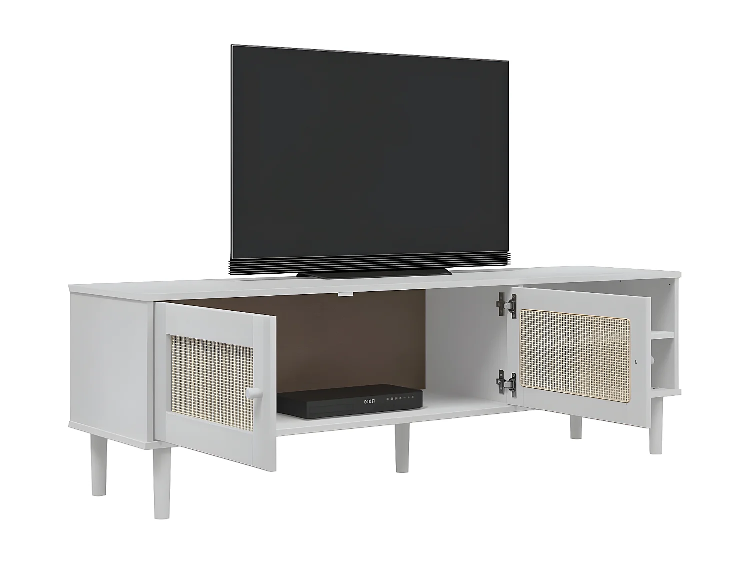 Meuble TV SENJA aspect rotin blanc 158x40x49cm bois massif pin