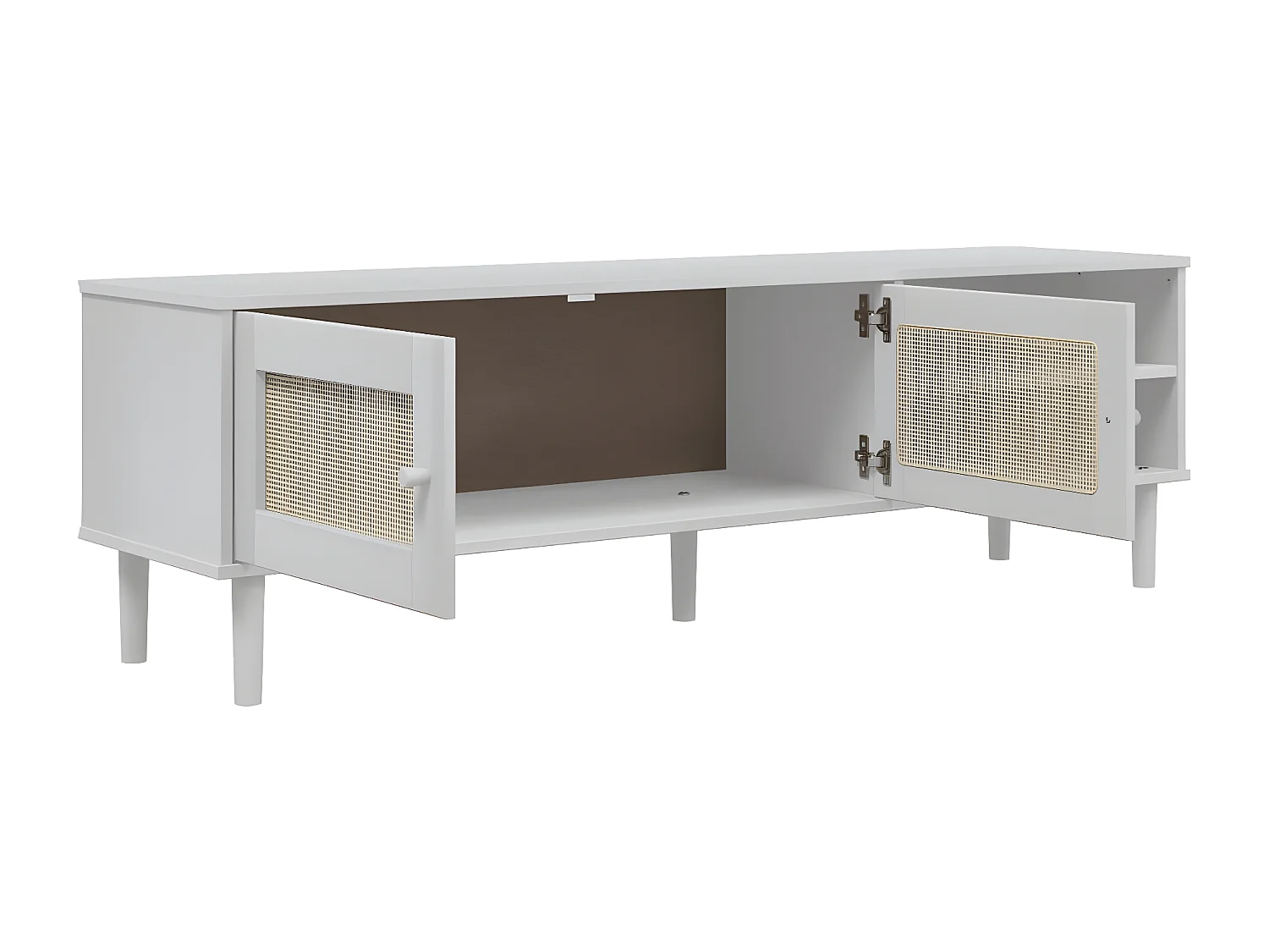 Meuble TV SENJA aspect rotin blanc 158x40x49cm bois massif pin