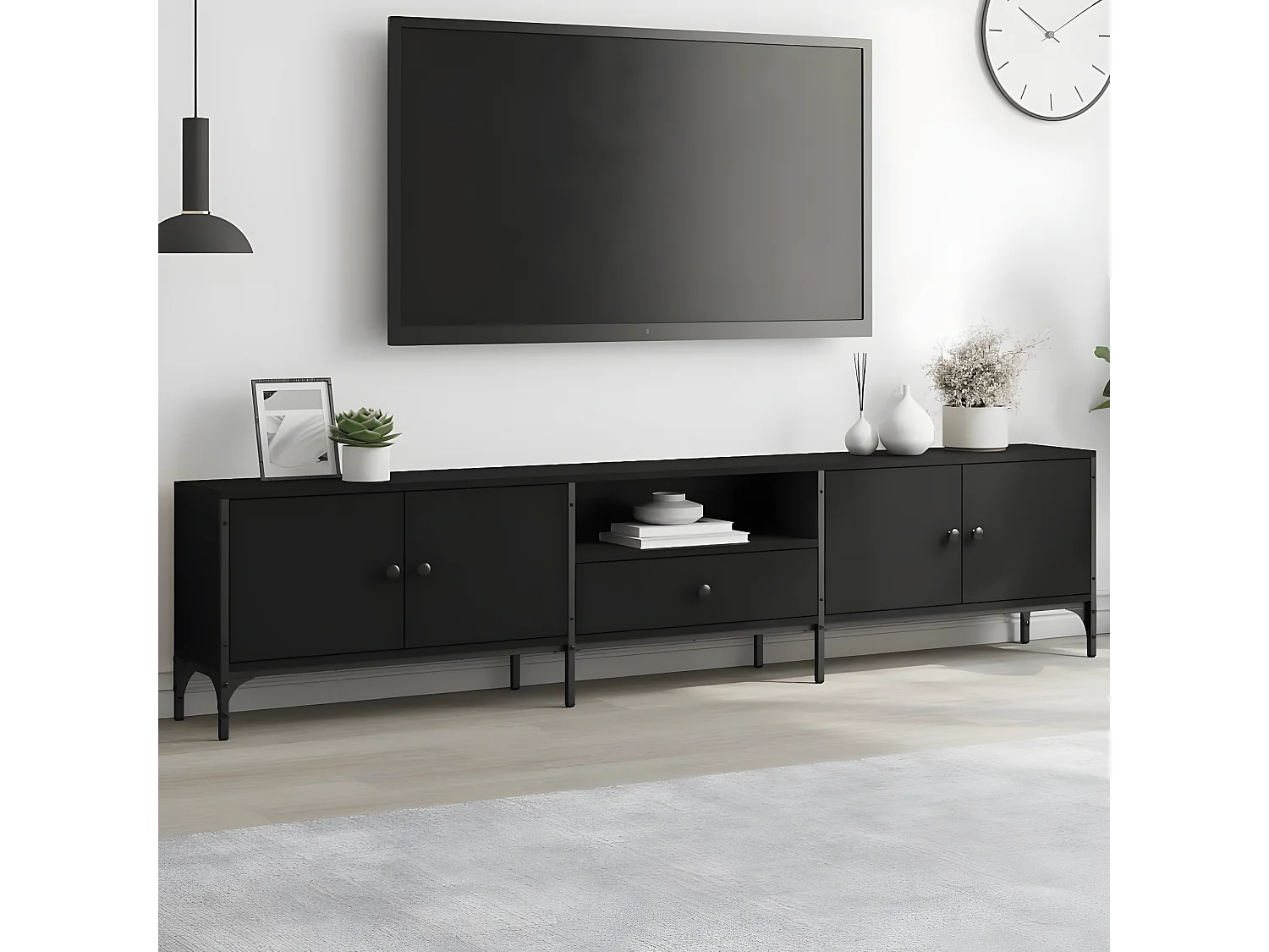 Meuble TV avec tiroir noir 200x25x44 cm bois d'ingénierie