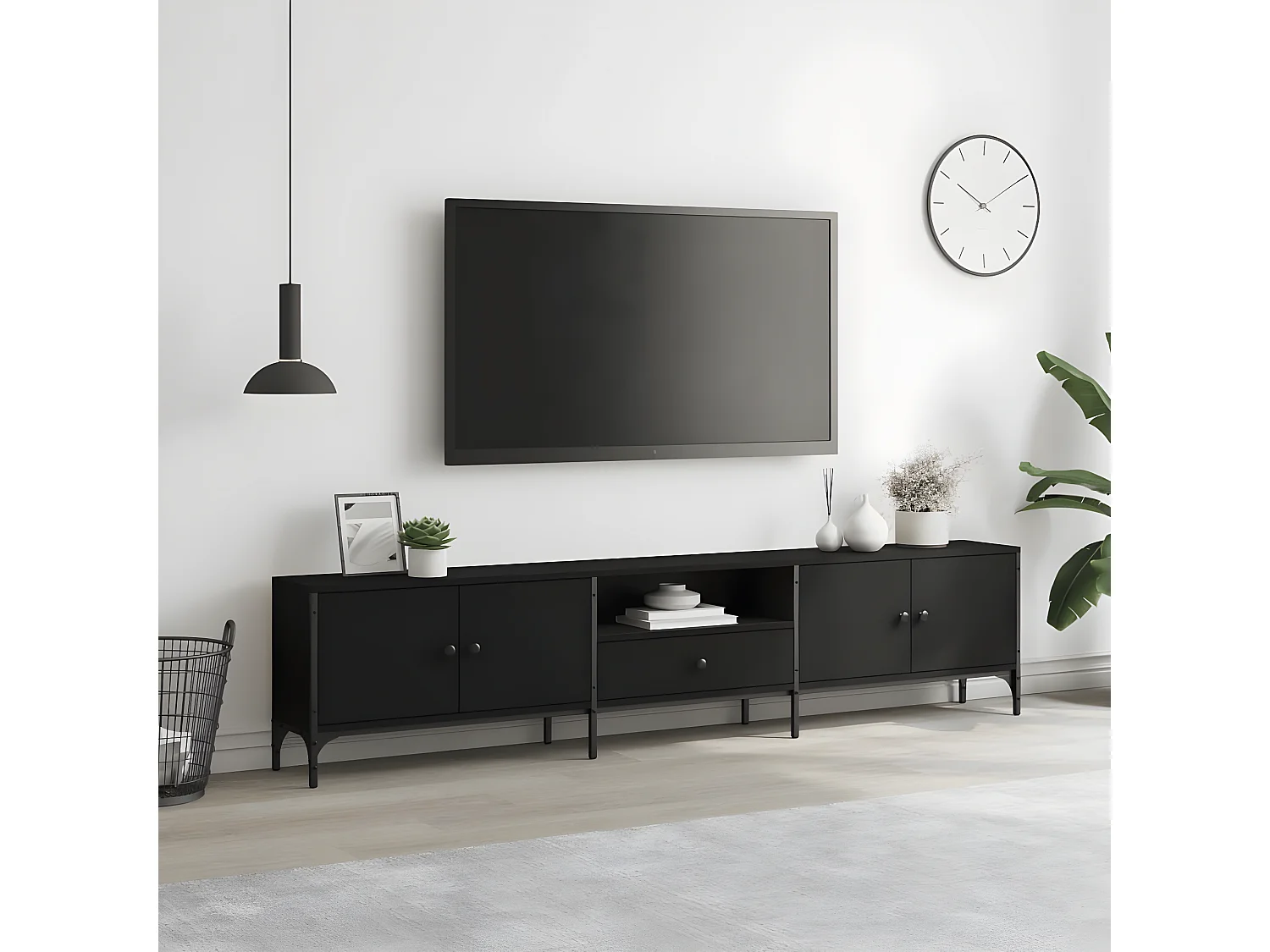Meuble TV avec tiroir noir 200x25x44 cm bois d'ingénierie