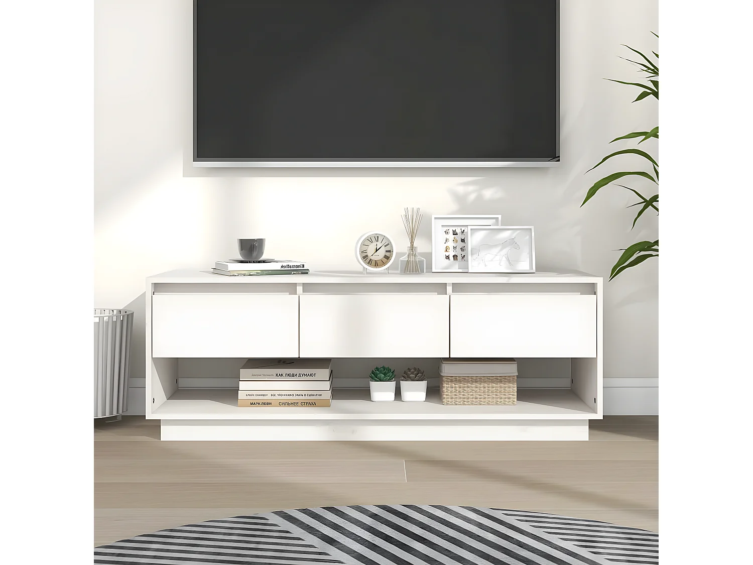 Meuble TV Blanc 110,5x34x40 cm Bois de pin massif