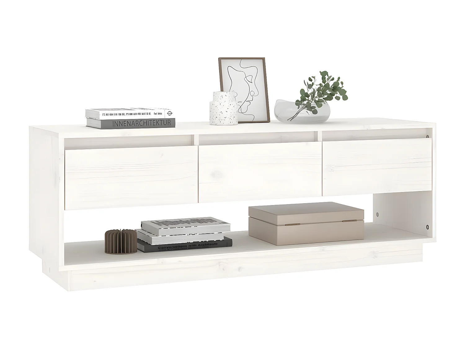 Mueble de TV de madera maciza de pino blanco 110,5x34x40 cm