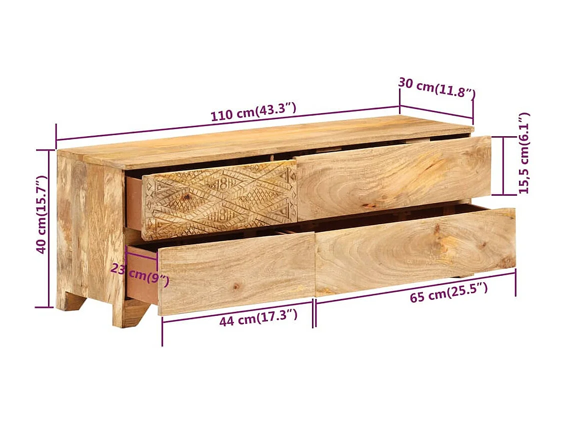 Meuble TV Bois de manguier solide 110x30x40 cm