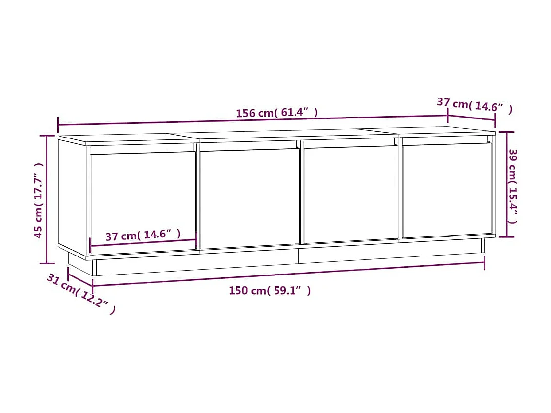 Móvel de TV 156x37x45 cm madeira de pinho maciça branco