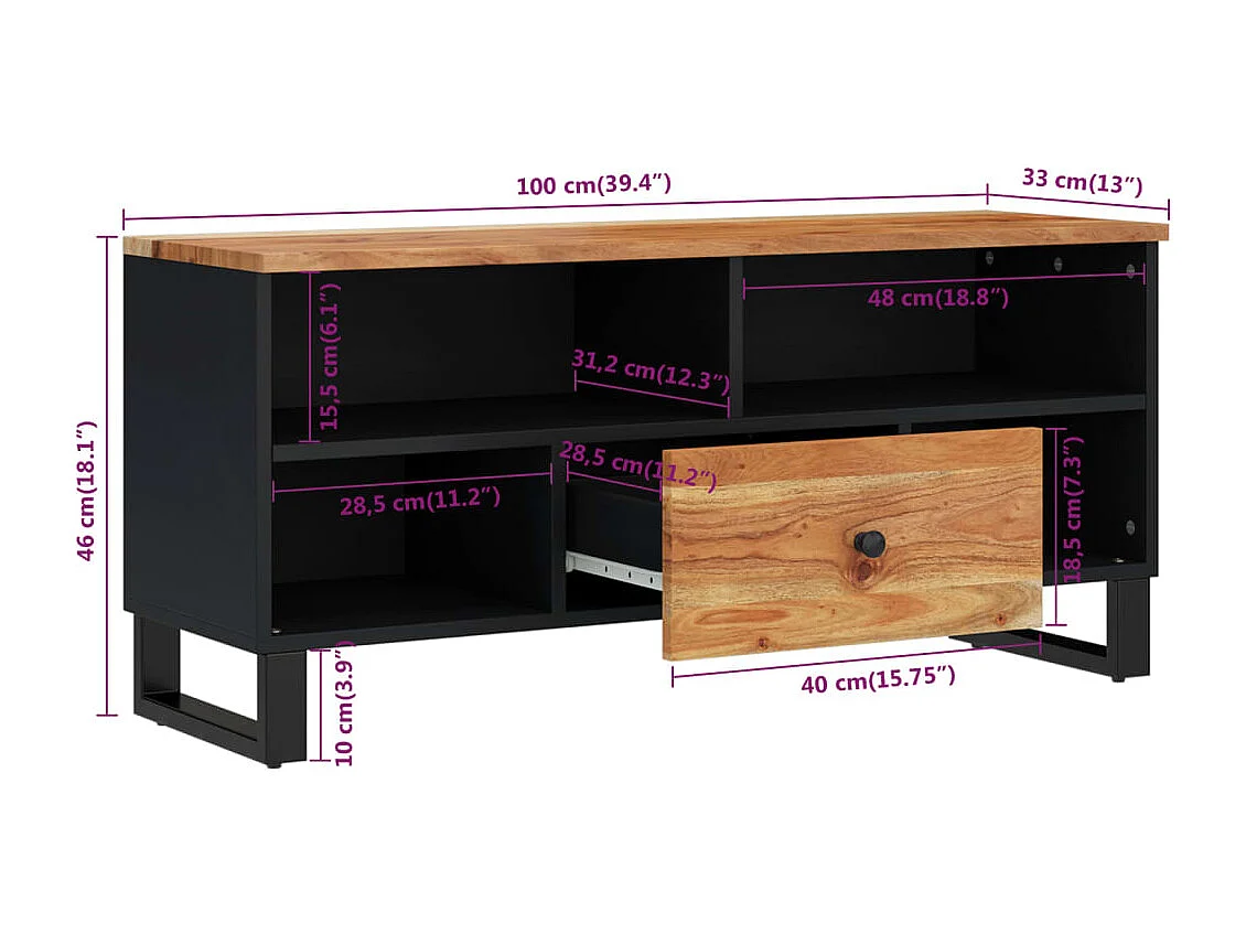 Meuble TV 100x33x46 cm bois d'acacia solide et d'ingénierie