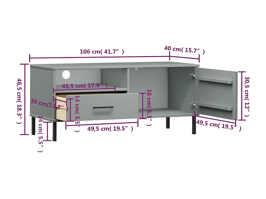 Móvel de TV c/ pernas de metal OSLO pinho maciço cinzento