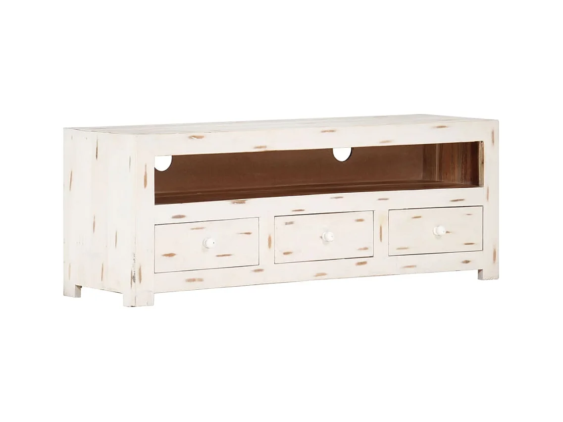 Mueble de TV madera de acacia maciza blanco 110x30x40 cm