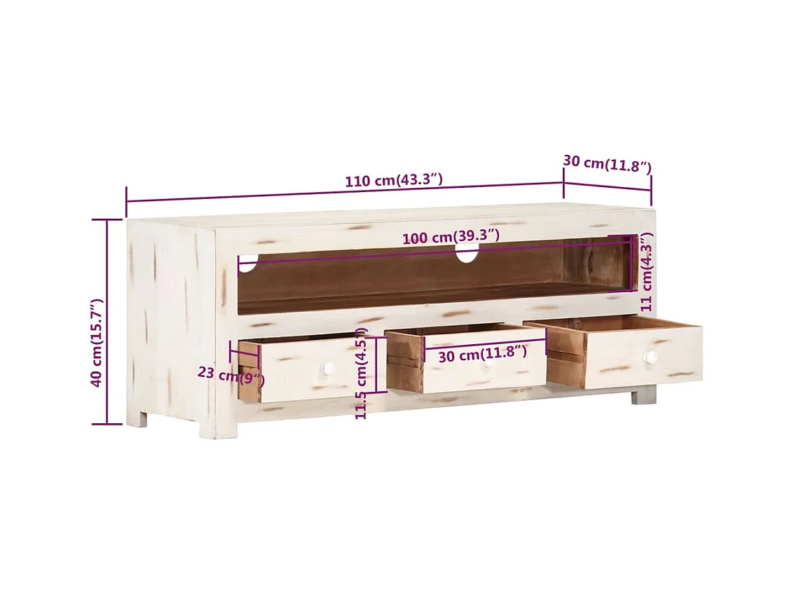 Mueble de TV madera de acacia maciza blanco 110x30x40 cm