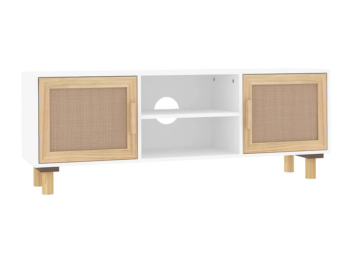 Meuble TV Blanc 105x30x40cm Bois de pin massif et rotin naturel