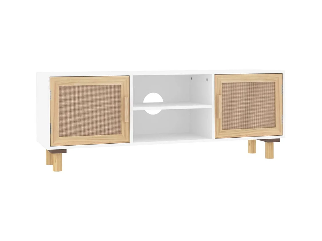 Meuble TV Blanc 105x30x40cm Bois de pin massif et rotin naturel