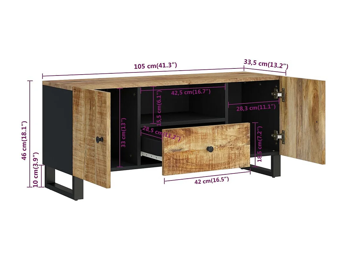 Meuble TV 105x33,5x46 cm bois de manguier et d'ingénierie