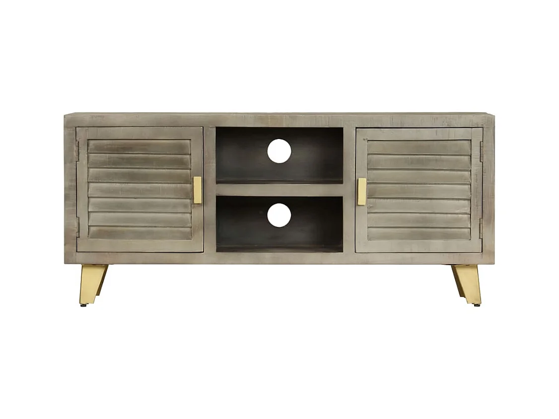 Meuble TV Bois solide de manguier Gris avec laiton 110x30x48 cm