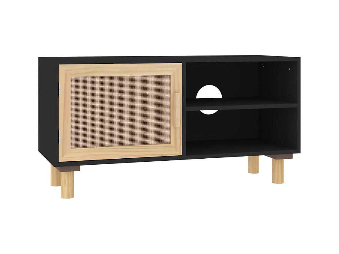 Meuble TV Noir 80x30x40 cm Bois de pin massif et rotin naturel