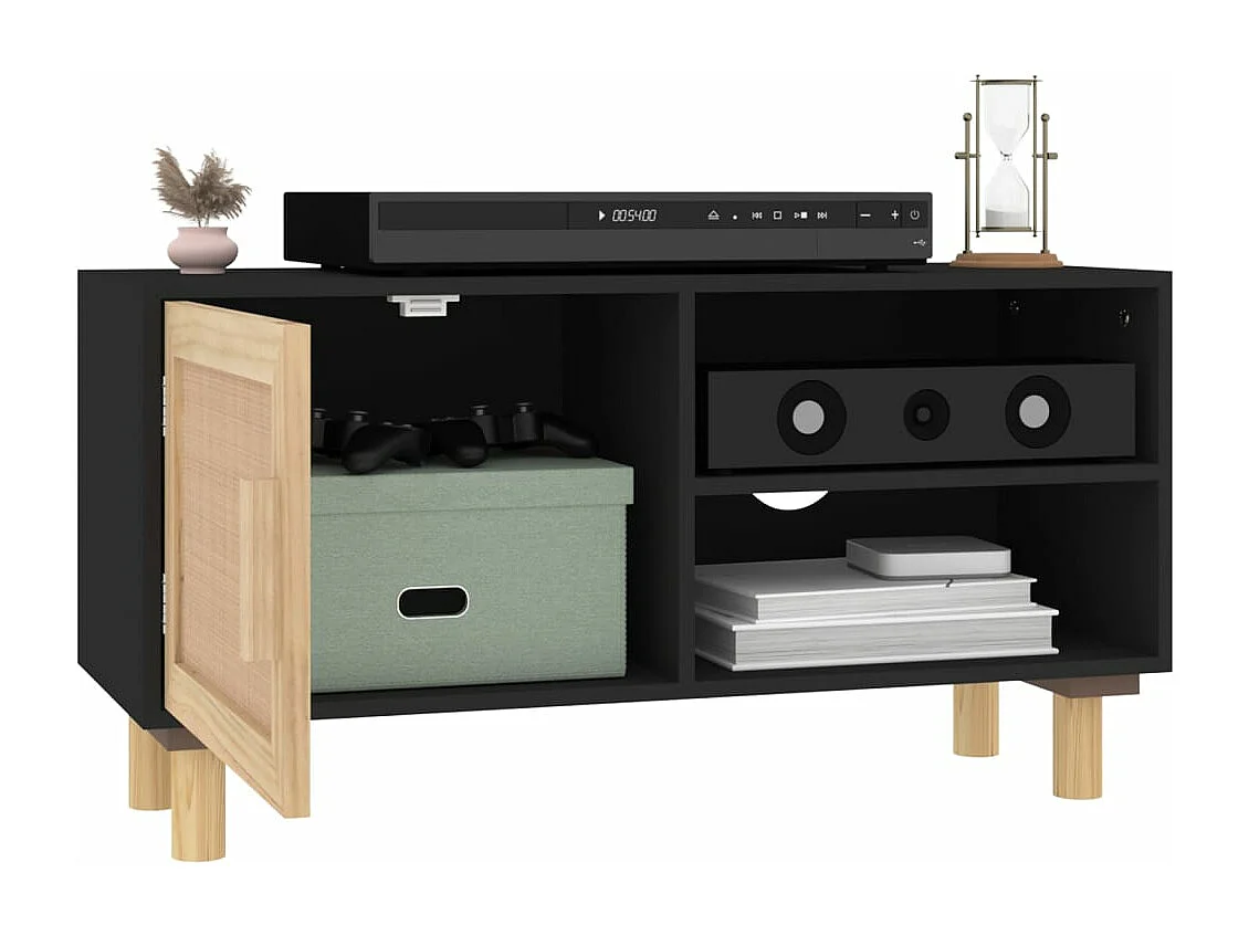 Meuble TV Noir 80x30x40 cm Bois de pin massif et rotin naturel