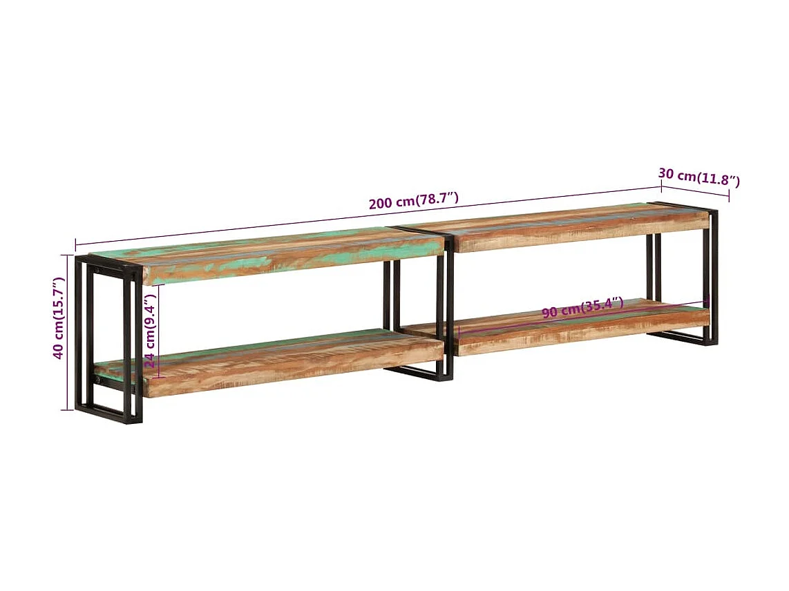 Mueble de TV madera maciza reciclada 200x30x40 cm