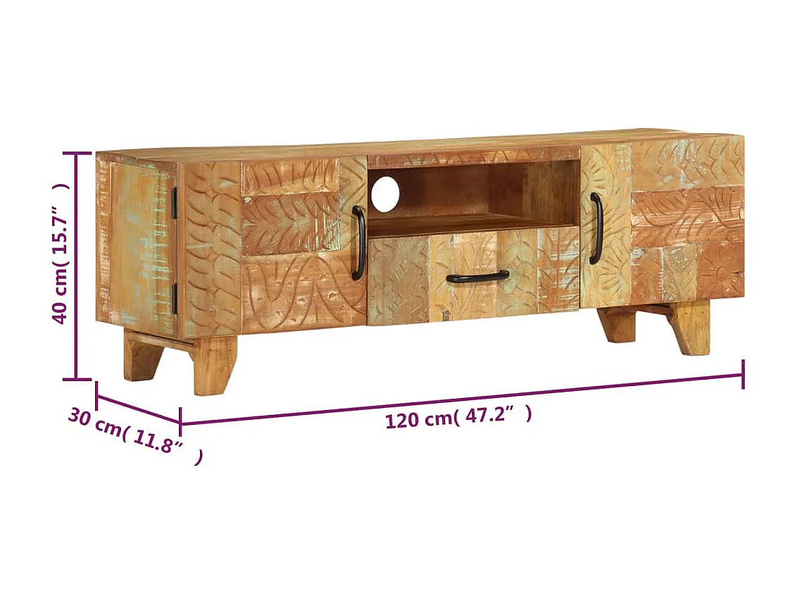 Meuble TV sculpté à la main 120x30x40 cm Bois de récupération