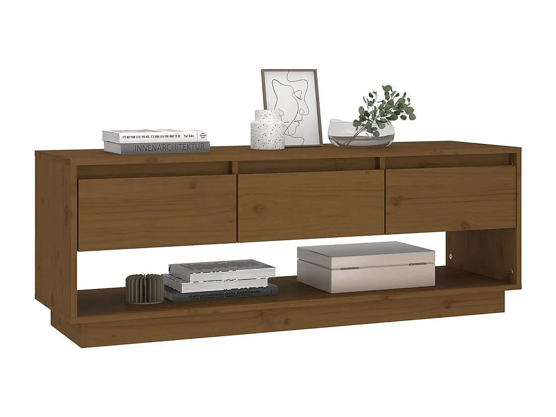 Mueble de TV madera maciza de pino marrón miel 110,5x34x40 cm