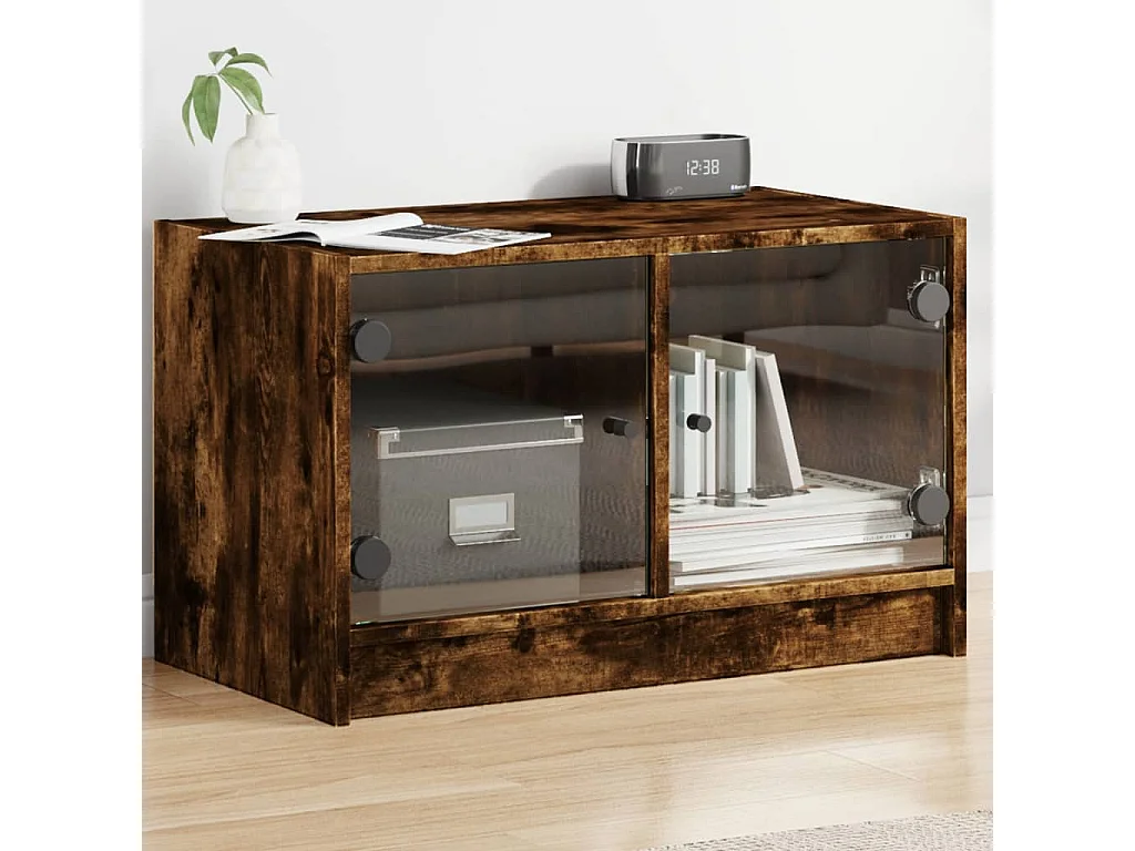Mueble de TV con puertas de vidrio roble ahumado 68x37x42 cm