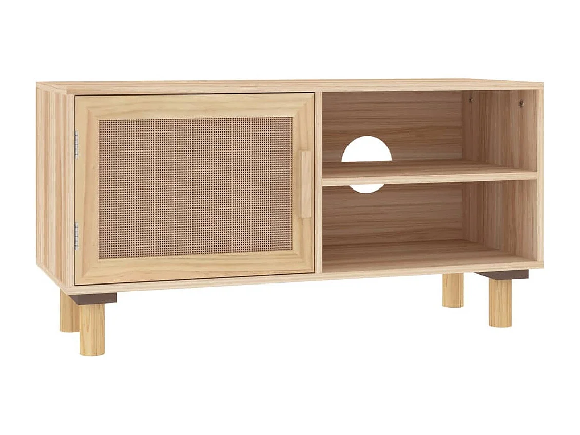 Meuble TV Marron 80x30x40cm Bois de pin massif et rotin naturel