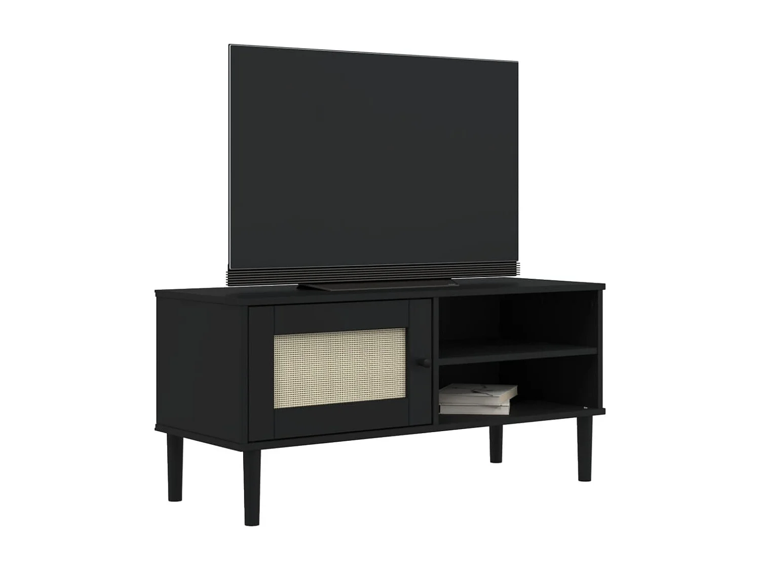 Mueble de TV SENJA aspecto ratán madera pino negro 106x40x49 cm