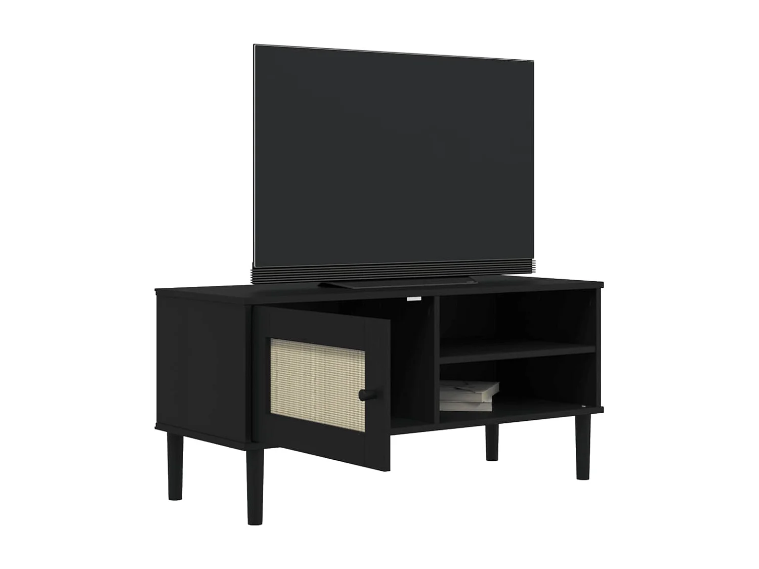 Mueble de TV SENJA aspecto ratán madera pino negro 106x40x49 cm