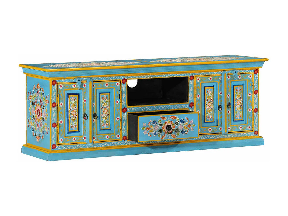 Mueble de TV madera maciza de mango azul 110x30x40 cm