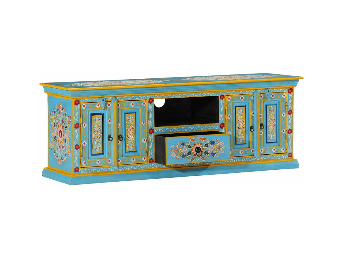 Meuble TV bleu 110x30x40 cm bois massif de manguier