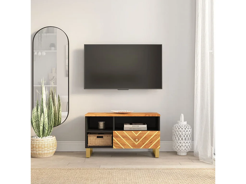 Meuble TV marron et noir 80x33,5x46 cm bois massif de manguier