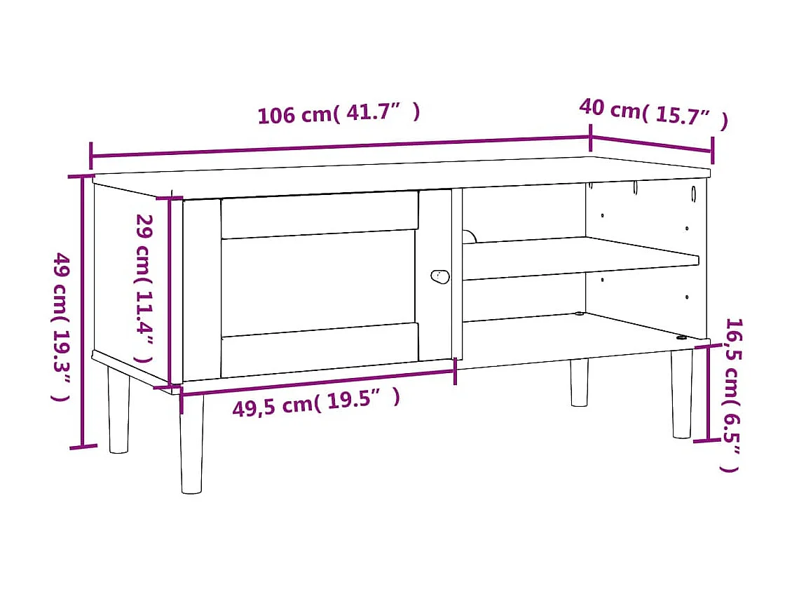Meuble TV SENJA aspect rotin blanc 106x40x49cm bois massif pin