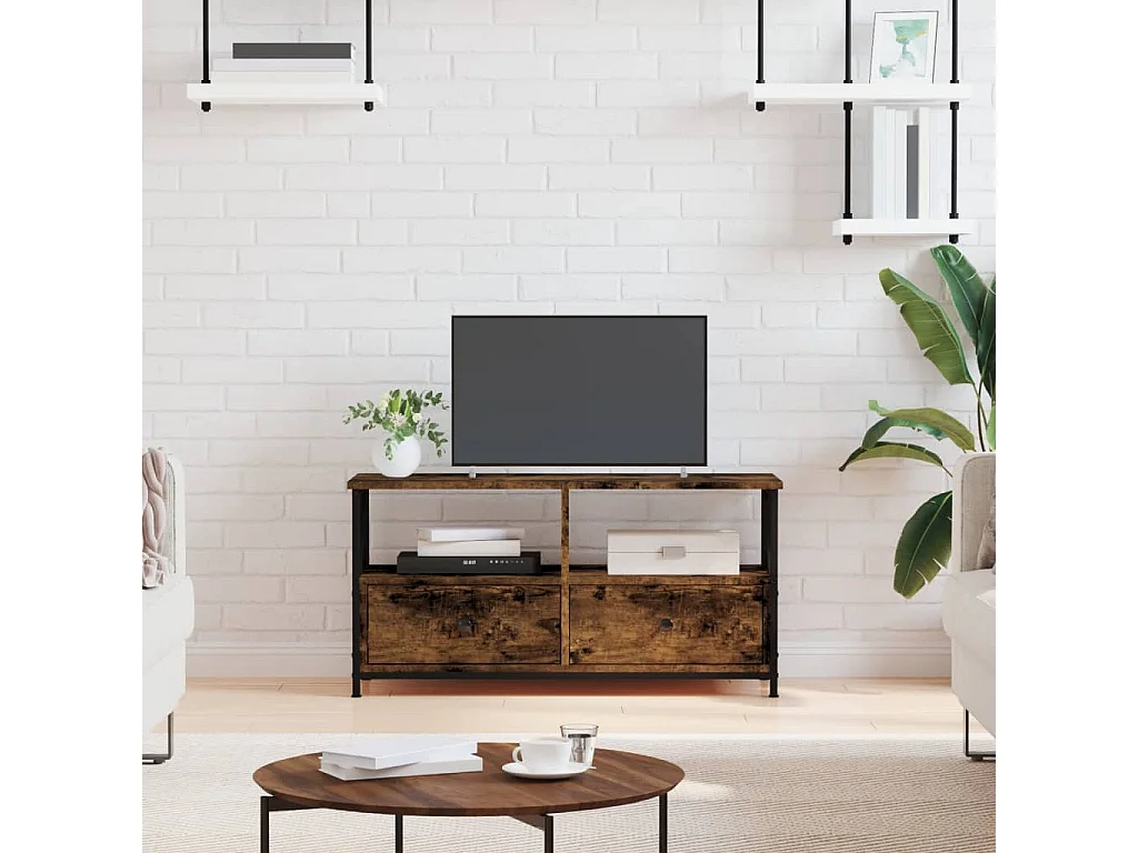 Mueble TV hierro madera contrachapada roble ahumado 90x33x45cm