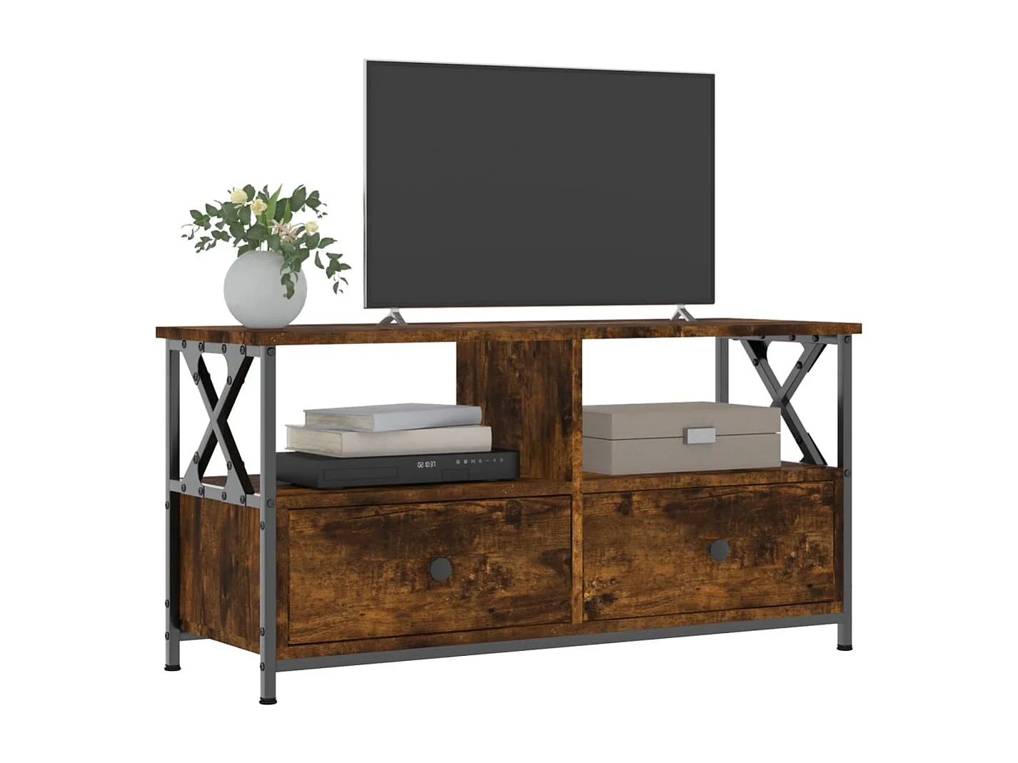 Mueble TV hierro madera contrachapada roble ahumado 90x33x45cm